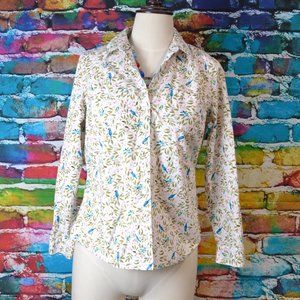 Croft & Barrow White Green Pink Blue Bird Print Button Down Top Size PM